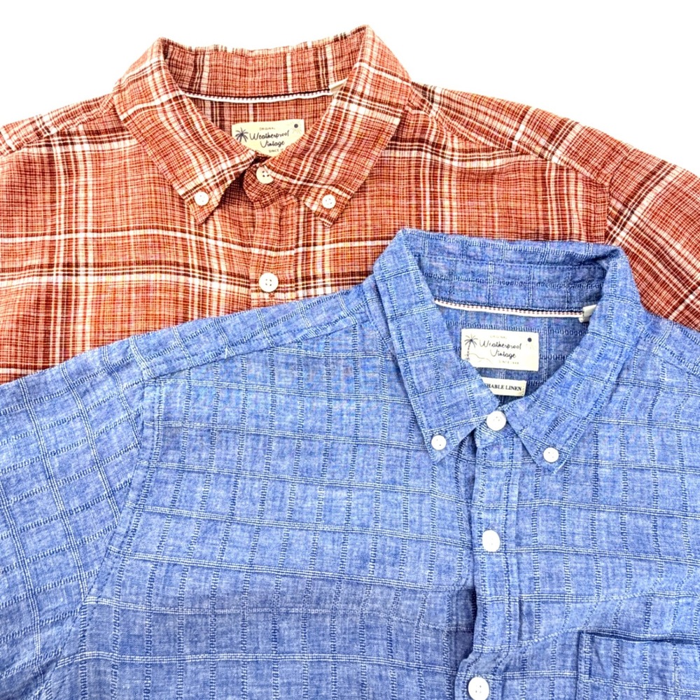 Weatherproof Vintage Shirt Lot Men Large Blue Red Excellent Linen Blend Plaid